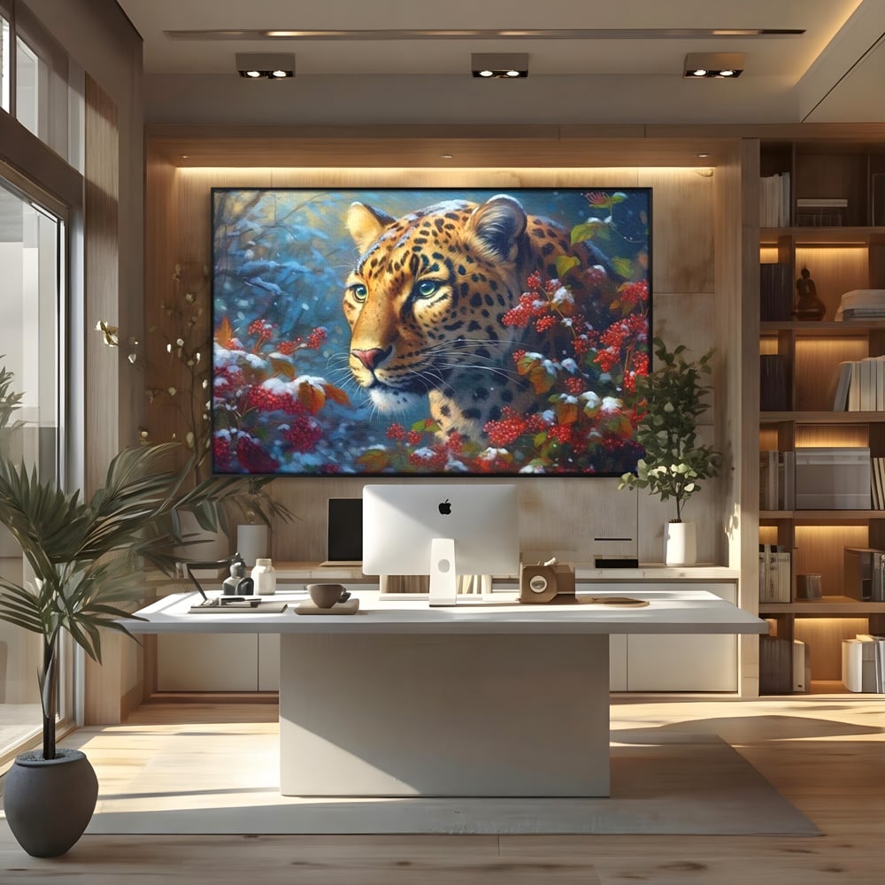Tablou canvas cu tablou canvas cu jaguar in zapada, in rama de aluminiu negru, pe perete intr-un birou